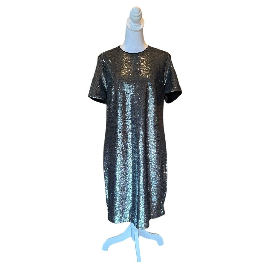 Ralph Lauren Metallic Silver Sequin Short Sleeve Shift Dress Womens Size 10 NWT
